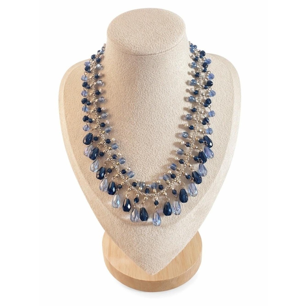 Vintage Avon Acrylic Fringe Navy & Ice‎ Blue Teardrop Silver Toned 15" Choker